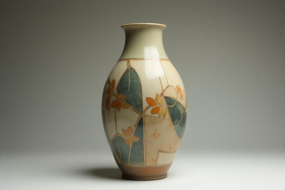 大正時代のアール・デコ様式の日本の陶磁器、幾何学模様と抽象的な植物のモチーフ