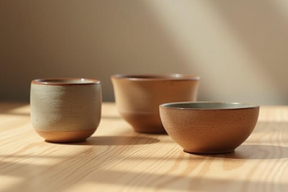 手作りの陶器のカップとボウルが木製のテーブルに置かれており、柔らかな光が当たっています。手入れの行き届いた、温かみのある印象.